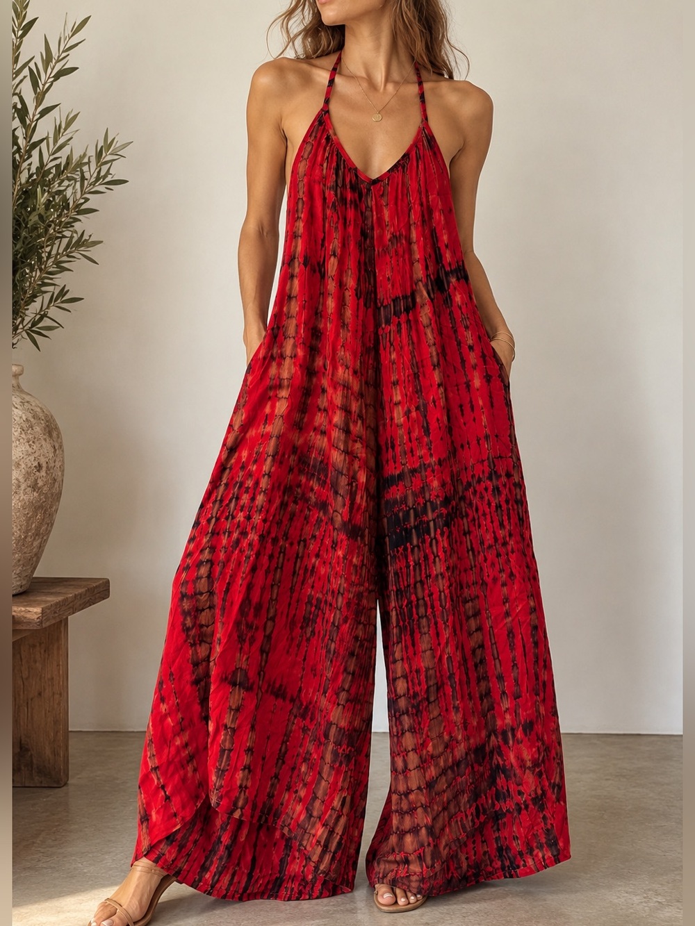 NEW✨ Bali Hand Dyed Cotton Halter Jumpsuit Red Black Wide Leg One Size